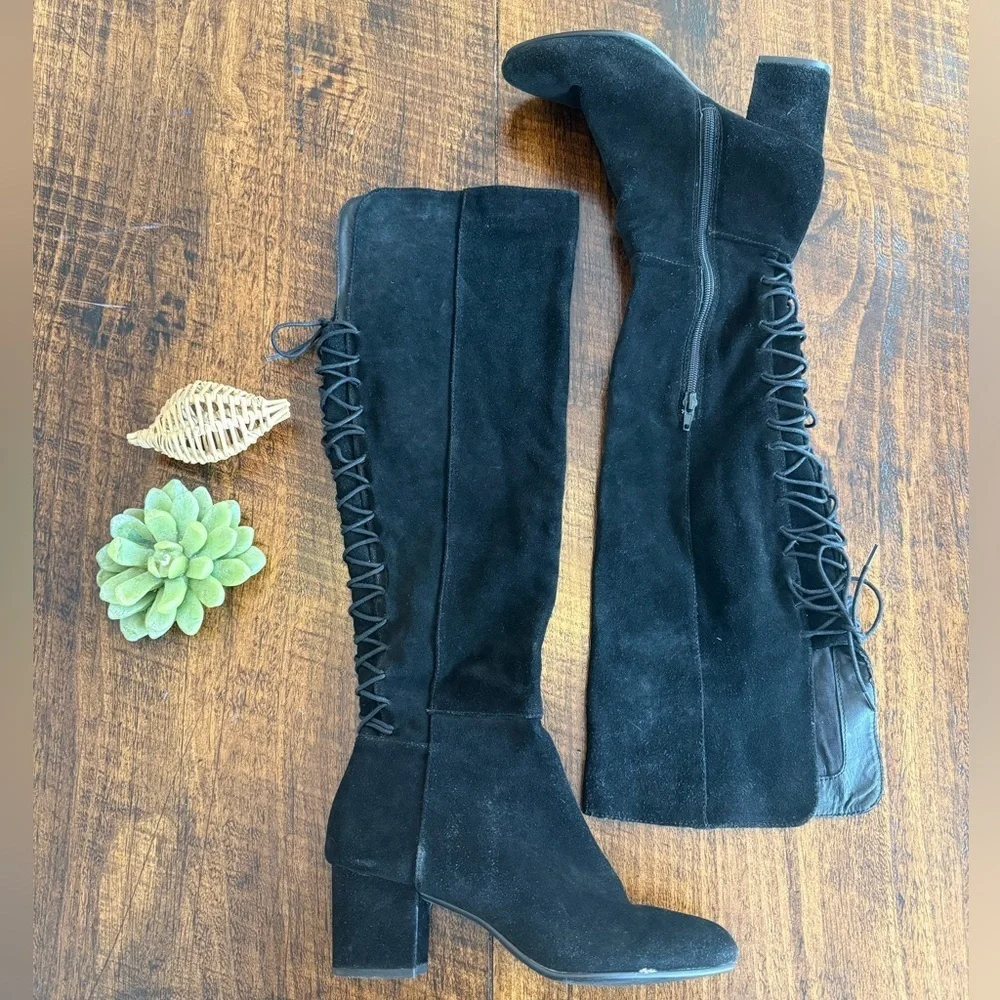 Steve Madden | Hansil Lace-Up, Over the Knee Block Heel Boot, Black Suede, 8M